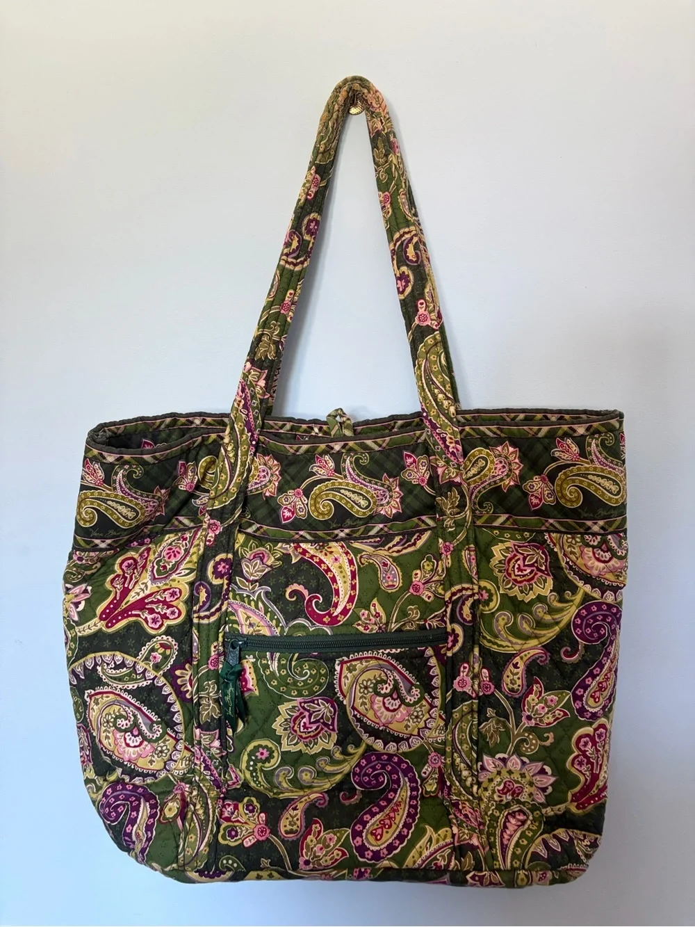 Vera Bradley Olive Green Paisley Quilted Tote with Pink Accents